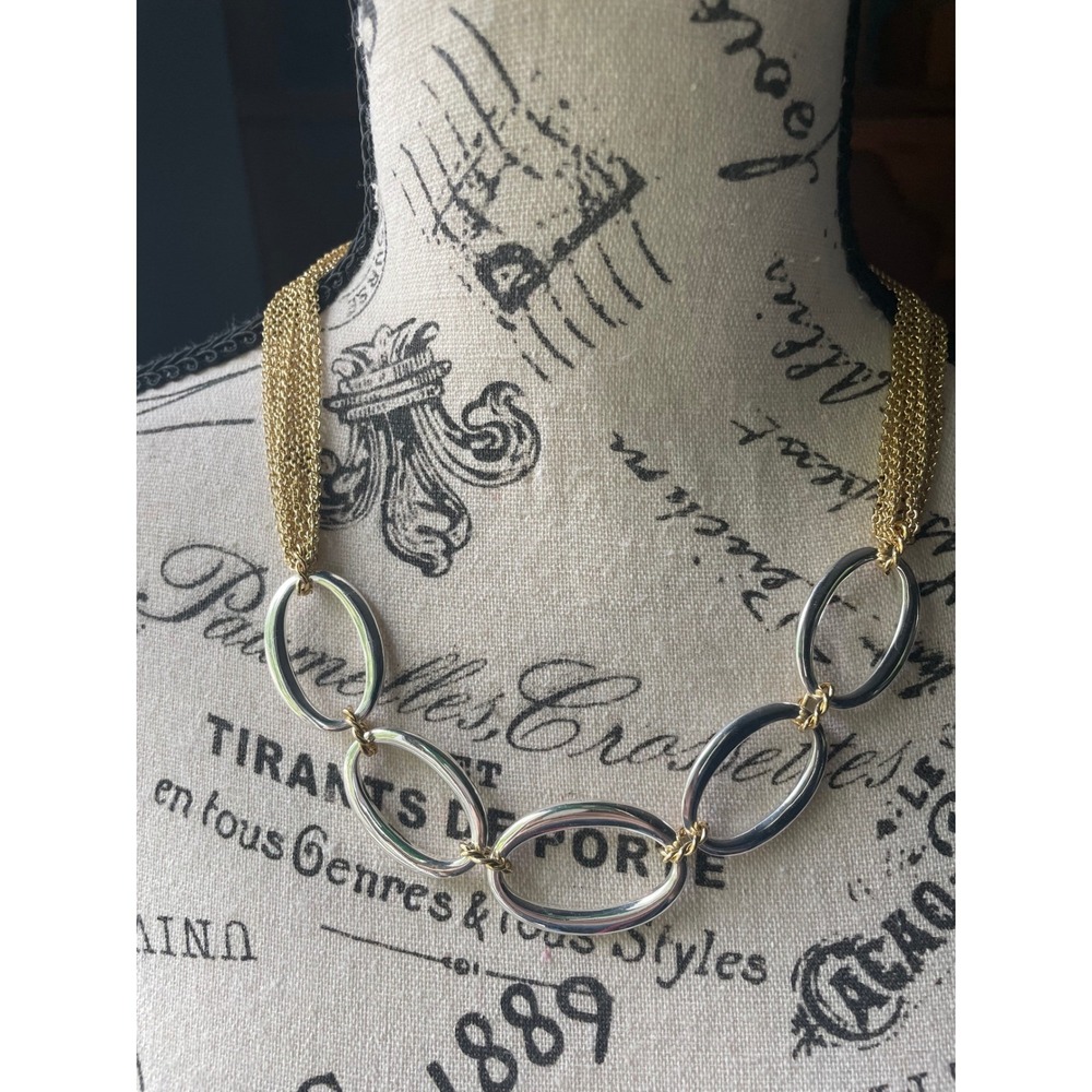 Pink Linen Mixed Metal Statement Necklace Silver Gold Tone Oval Link Mesh Chain